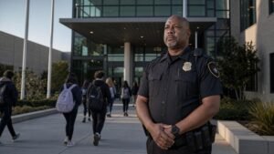 School security guard at campus entrance in Houston TX
